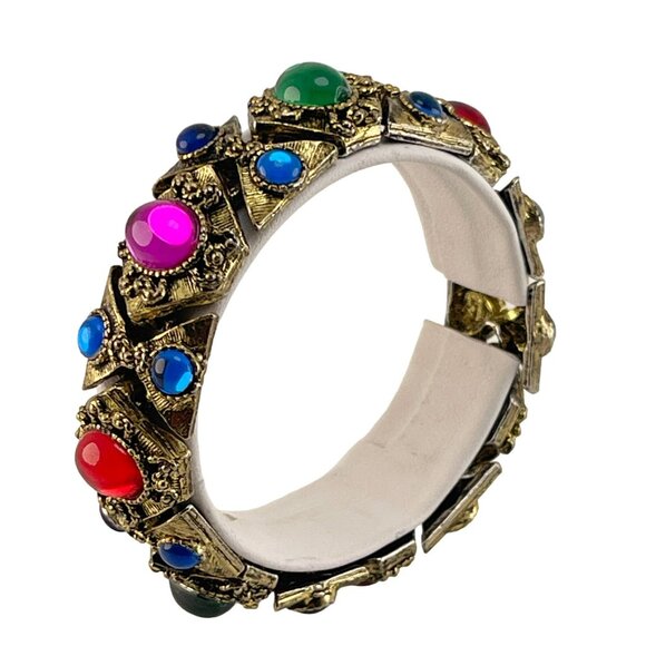 Jewels of India Cabochon Bracelet Chunky gold Tone Statement Runway 80s RARE! - Picture 2 of 10